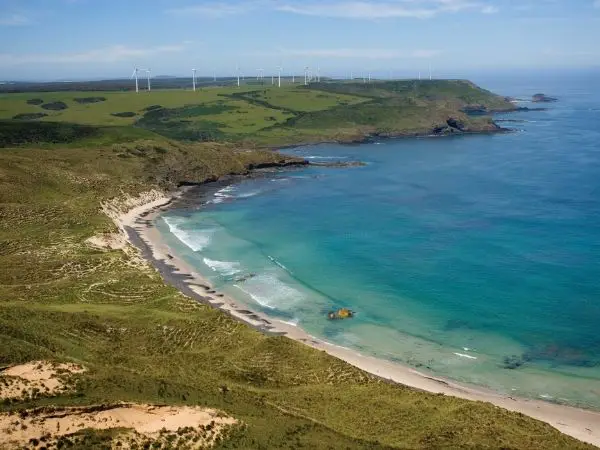 Beach and wind farm at Woolnorth Tasmania